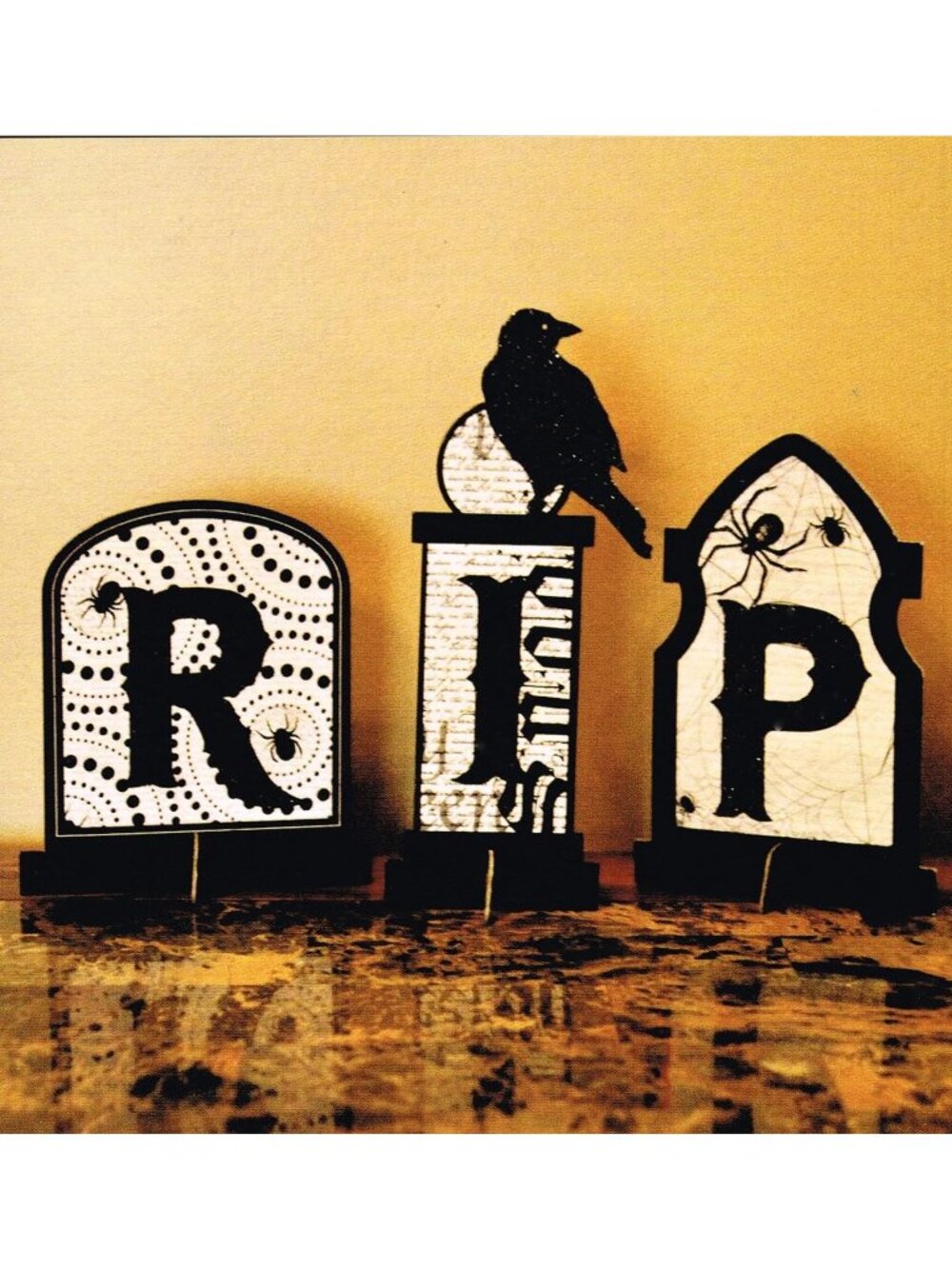3-Piece Halloween RIP Tabletop Tombstones With Spiders & Ravens Decoration Set